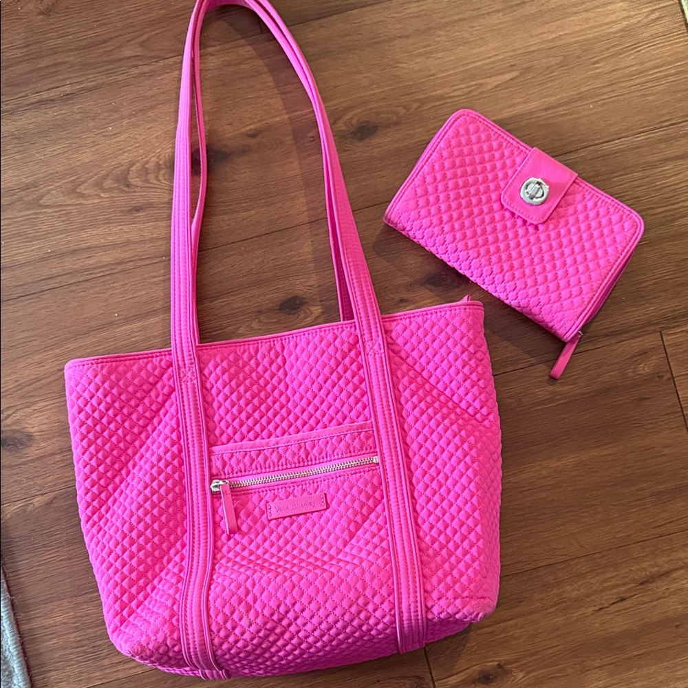 Vera Bradley Hot Pink Quilted Tote with Matching Wallet